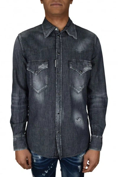 Dsquared2 Man Denim Shirt Charcoal Size 44 Cotton In Black