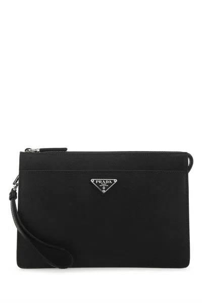 Prada Clutch Bag Leather Detachable Wrist Handle In Black