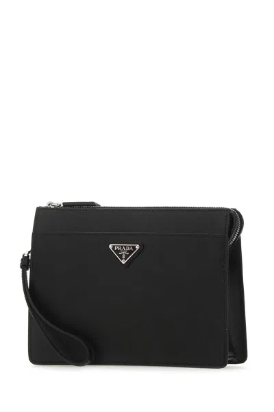 Prada Clutch Bag Leather Detachable Wrist Handle In Black