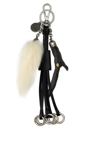 Prada Leather Key Ring Featuring Charm Pendant In Black
