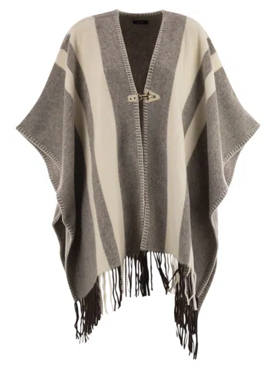 Fay Hook-closure Fringed Poncho In Neutral