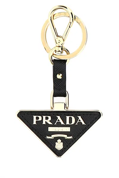 Prada Two Tone Metal And Leather Key Ring In Black