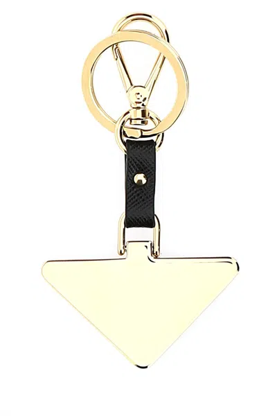 Prada Two Tone Metal And Leather Key Ring In Black