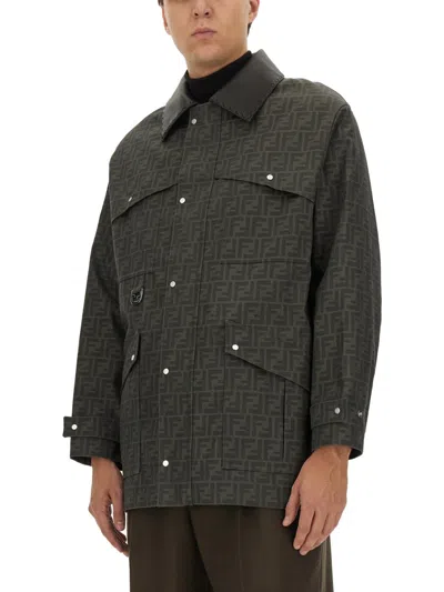 Fendi Embroidered Canvas Jacket For Men In Brown