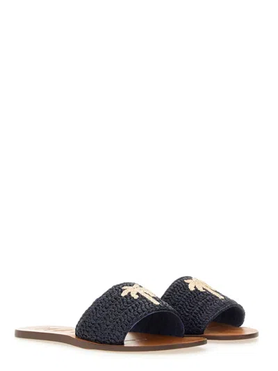 Manebi Embroidered Open Toe Flat Sole Sandals In Blue