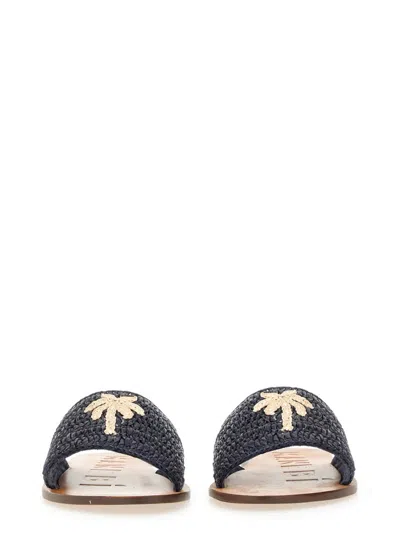 Manebi Embroidered Open Toe Flat Sole Sandals In Blue
