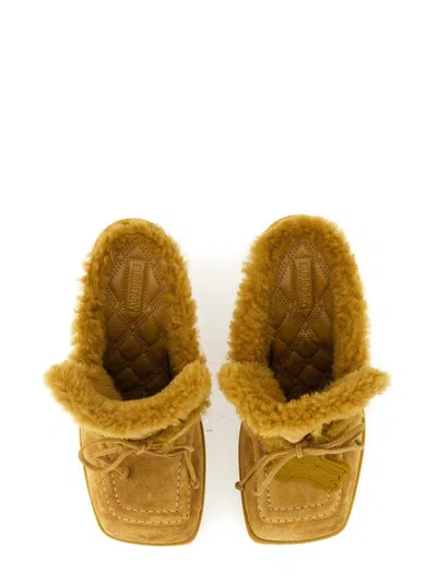 Burberry Suede Mule With Equestrian Knight Design Patch In Neutral