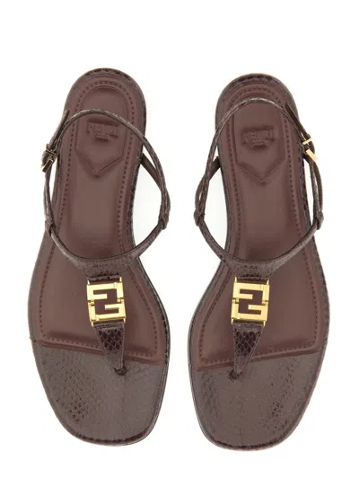 Fendi Ffoldo Python Leather Sandals With Adjustable Ankle Strap In Brown