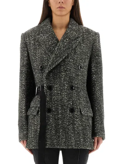 Isabel Marant Ezzia Short Double-breasted Virgin Wool Herringbone Pattern Jacket In Black