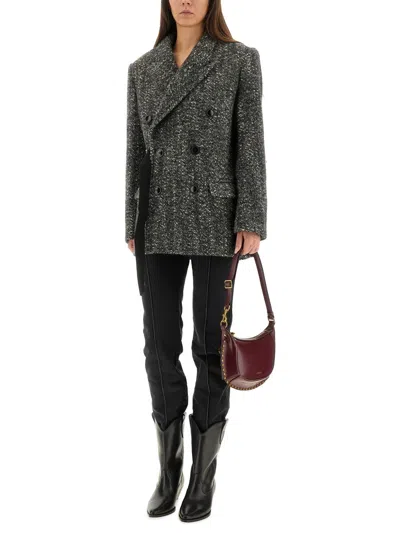 Isabel Marant Ezzia Short Double-breasted Virgin Wool Herringbone Pattern Jacket In Black
