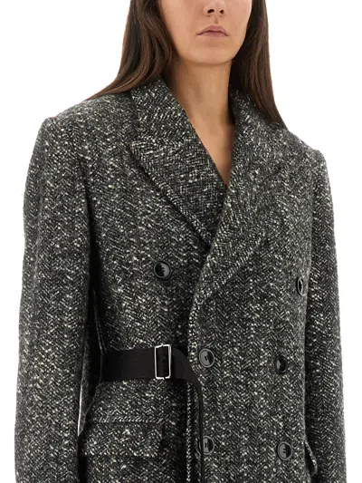 Isabel Marant Ezzia Short Double-breasted Virgin Wool Herringbone Pattern Jacket In Black