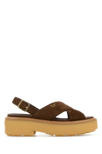 Prada Suede Platform Sandals With 5.5 Cm Sole In Brown