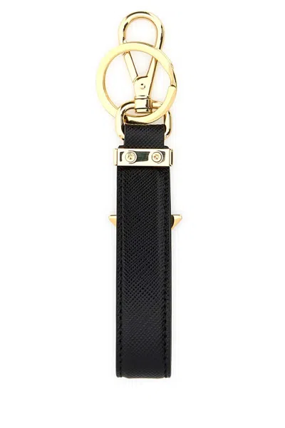 Prada Black Leather Key Ring In Black