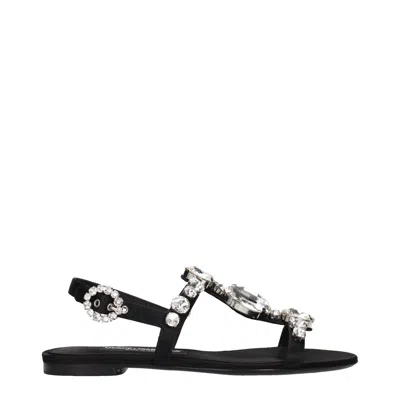 Dolce & Gabbana Women Black Sandals With Embroidered Stones Decorations In Satin Woman In Black