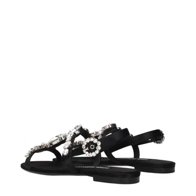 Dolce & Gabbana Women Black Sandals With Embroidered Stones Decorations In Satin Woman In Black