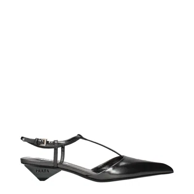 Prada Metallic Leather T-strap Flat In Black