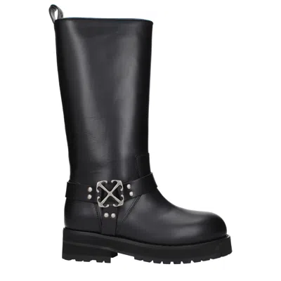 Off-white Woman Boot Black Size 8 Leather In Animal Print