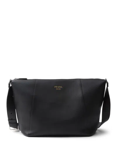 Prada Logo Stamp Leather Shoulder Bag In Black