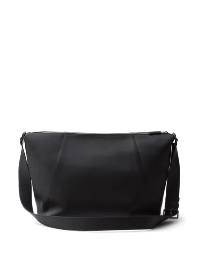 Prada Logo Stamp Leather Shoulder Bag In Black