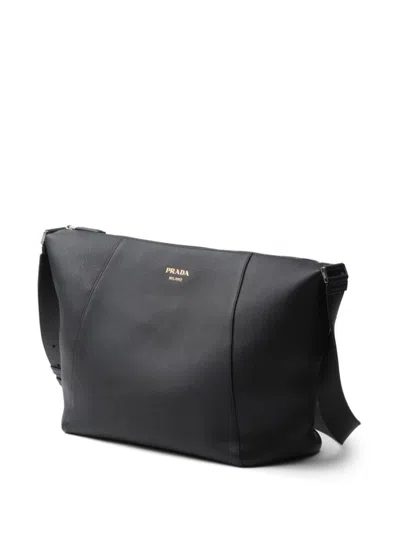 Prada Logo Stamp Leather Shoulder Bag In Black