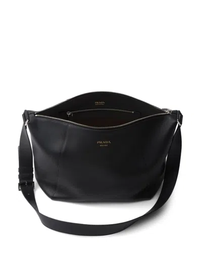 Prada Logo Stamp Leather Shoulder Bag In Black