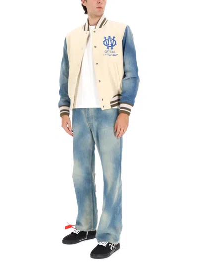 Off-white Gothic Wool Denim Jacket With Snap-button Closure And Striped Details In Multi