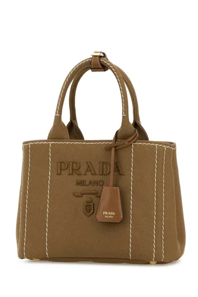 Prada Canvas Shoulder Bag Structured Shape Top Handles In Brown