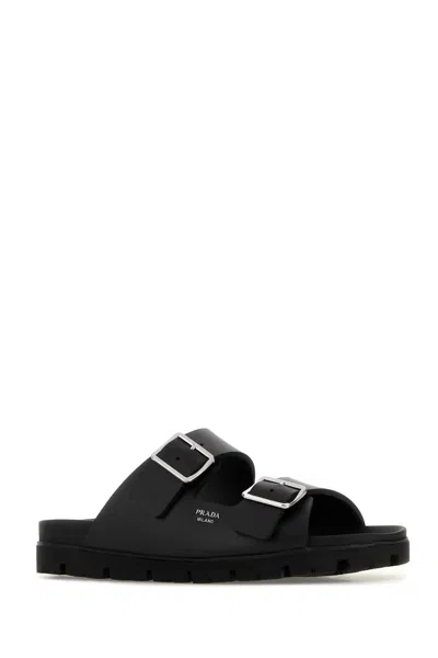 Prada Black Leather Slippers In Black
