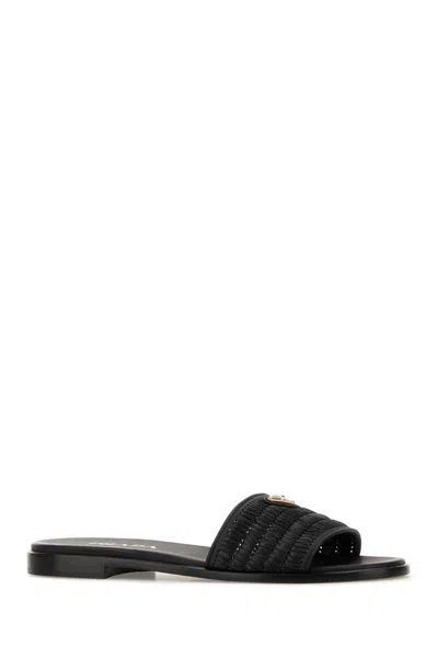 Prada Crochet Raffia Mules In Black