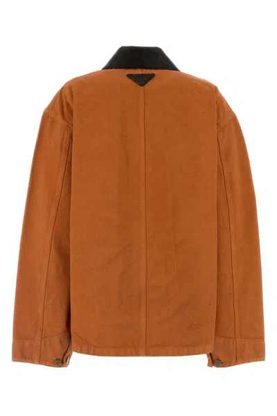 Prada Denim Jacket Long Sleeves Patch Pockets Collar In Orange