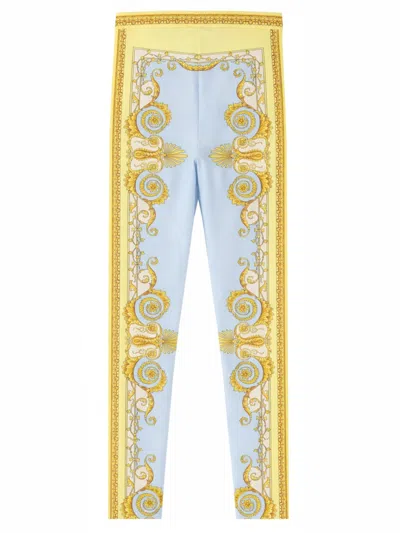 Versace Blue Leggings With All-over Geometric Print In Stretch Fabric Woman In White