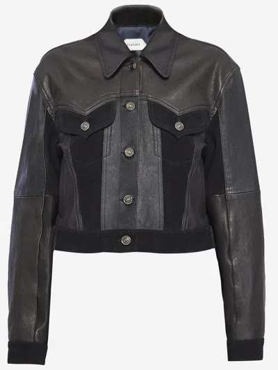 Versace Structured Leather Jacket With Suede Inserts In Black
