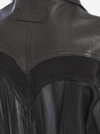 Versace Structured Leather Jacket With Suede Inserts In Black