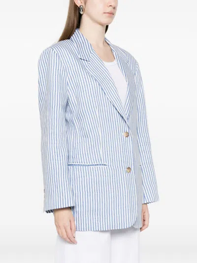 White Sand Linen Blend Single-breasted Jacket In Blue