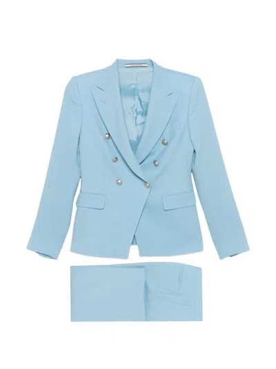 Tagliatore Double-breasted Linen Pant Suit In Blue