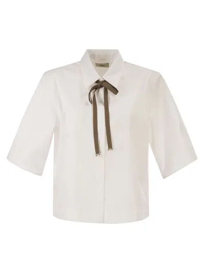 Herno Boxy White Poplin Shirt With Grosgrain Ribbon Tie In White