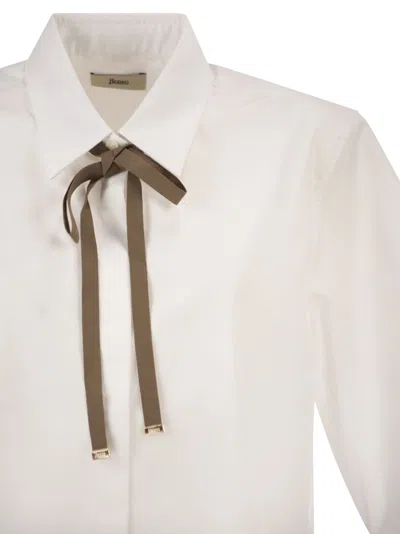 Herno Boxy White Poplin Shirt With Grosgrain Ribbon Tie In White