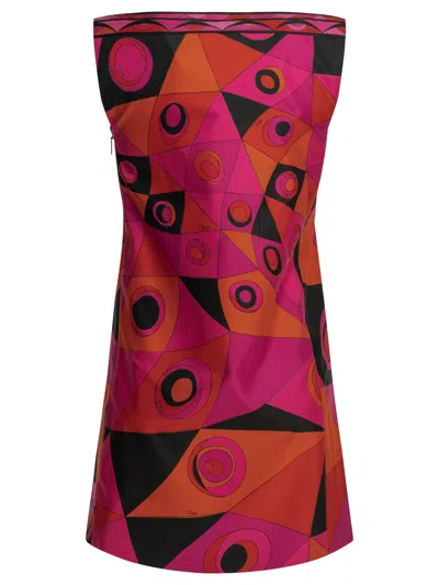 Pucci Fuchsia And Black Occhi-print Silk Twill Mini Dress In Multi