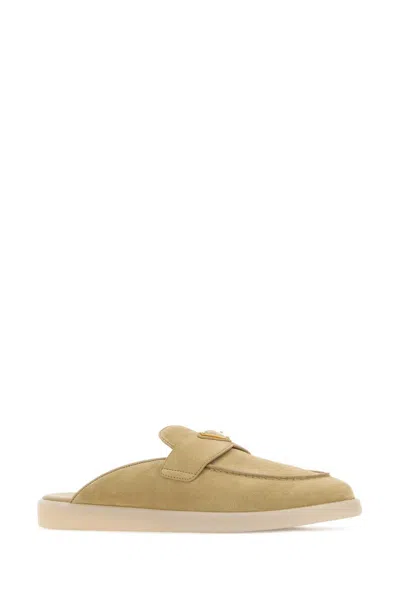 Prada Sand Suede Slippers In Multi