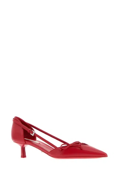 Prada Open-side Leather Pumps With Bow Detail And 4.5cm Heel In Red