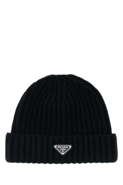 Prada Mens Blue Brand-plaque Cashmere And Wool-blend Beanie Hat In Black