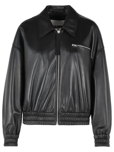 Jil Sander Leather Bomber Jacket Collared Pockets Elasticated Hem In Black