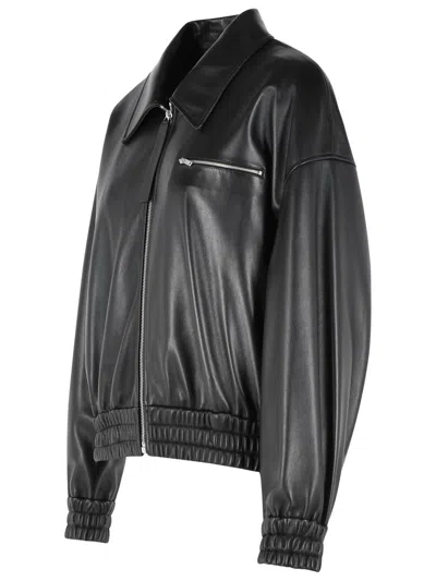 Jil Sander Leather Bomber Jacket Collared Pockets Elasticated Hem In Black
