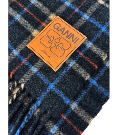 Ganni Double Face Wool Check Scarf In Multi