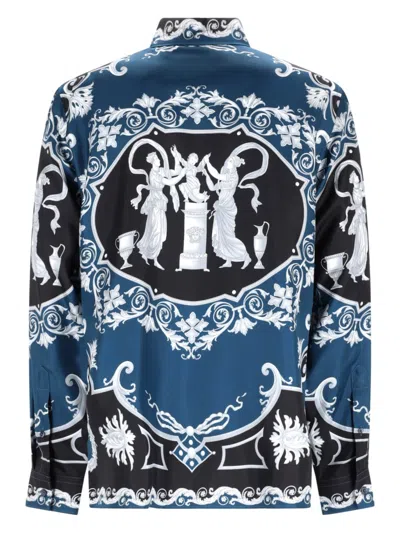Versace Silk Shirt With Printed Design And Button-down Collar In Blue
