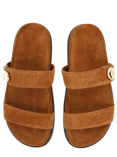 Tory Burch Romy Brown Sandals With Logo Plaque On The Front In Suede Woman In Brown