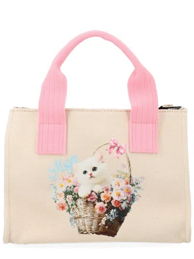 Msgm Tote Bag Rectangular Shape Top Handles Print In Neutral