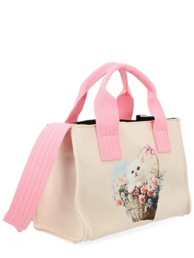 Msgm Tote Bag Rectangular Shape Top Handles Print In Neutral