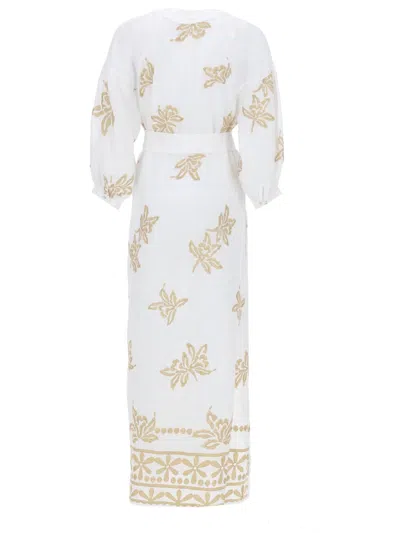 120% Lino Relaxed Fit Midi Dress With Gold Floral Lurex Details In White