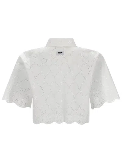 Msgm Delicate Eyelet Cropped Shirt With Scalloped Hemline In White